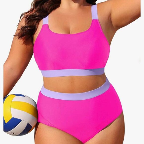 Bikini Set Two Piece High Waisted Scoop Neck Swimsuit Plus Size Pink Purple NEW - Picture 6 of 12